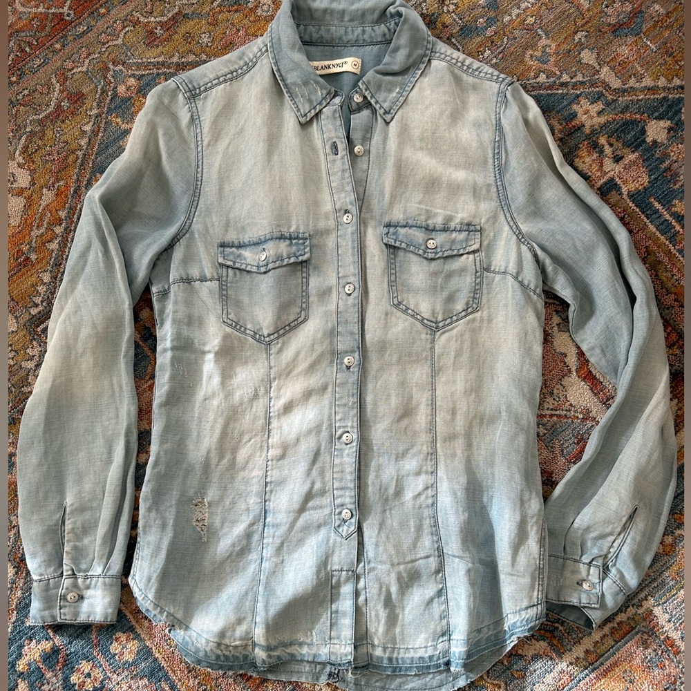 Light Blue Distressed Denim Button-Up Shirt